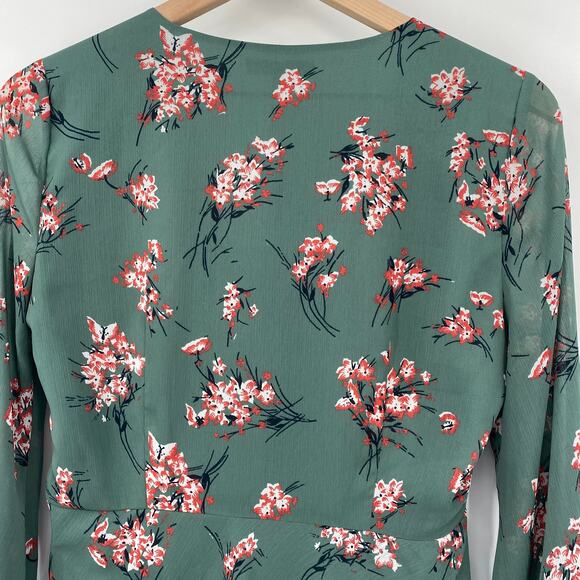 Madewell Dress Fit & Flare Mini Floral Print Vneck Quarter Sleeve Green Womens 4 - Picture 4 of 8